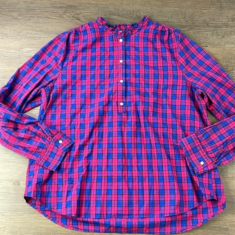GAP Women’s Pink, Blue, Purple Plaid Button Down Pull Over Blouse, size XL